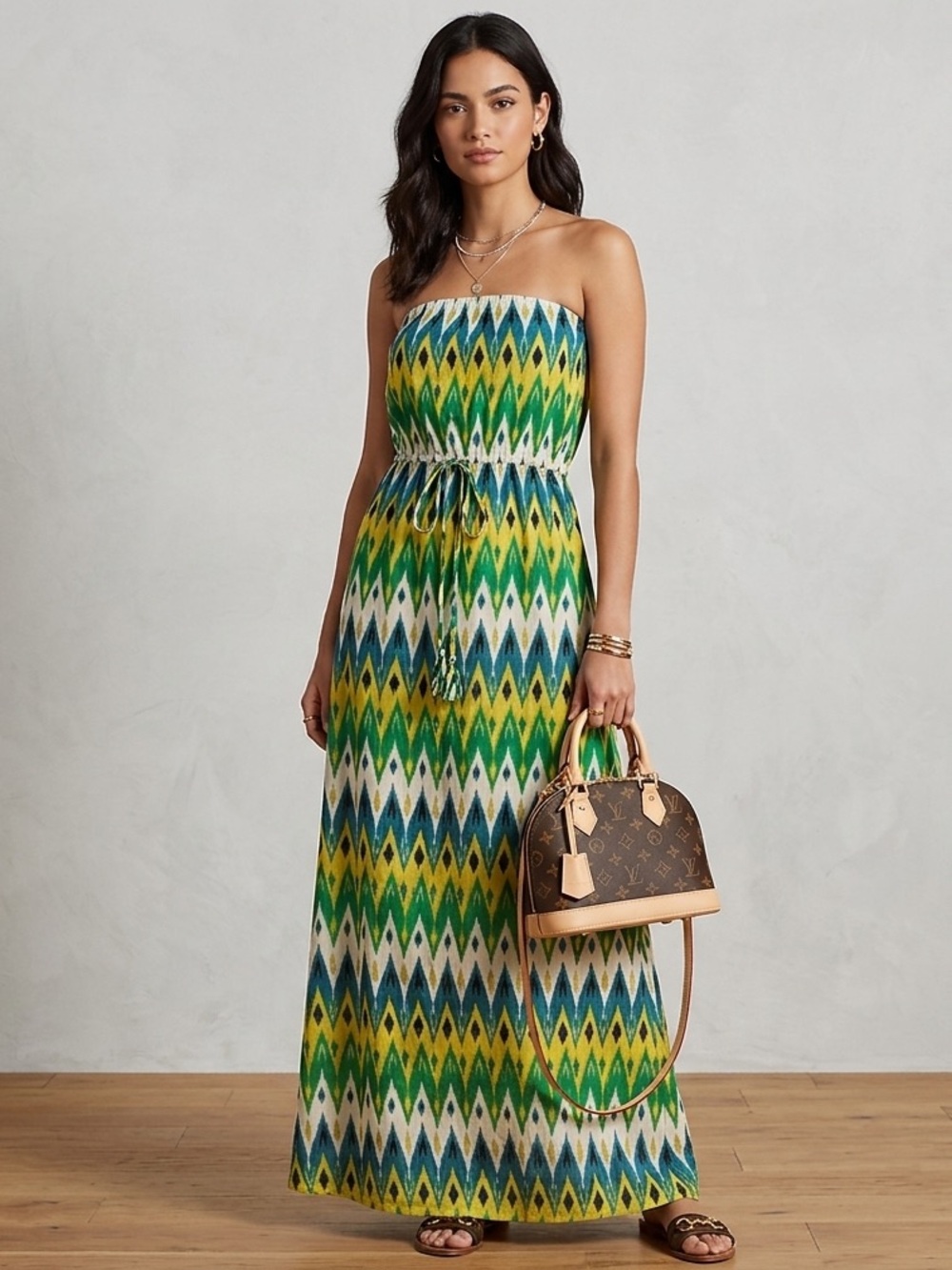 Vince Camuto strapless multi-color chevron print maxi dress size small